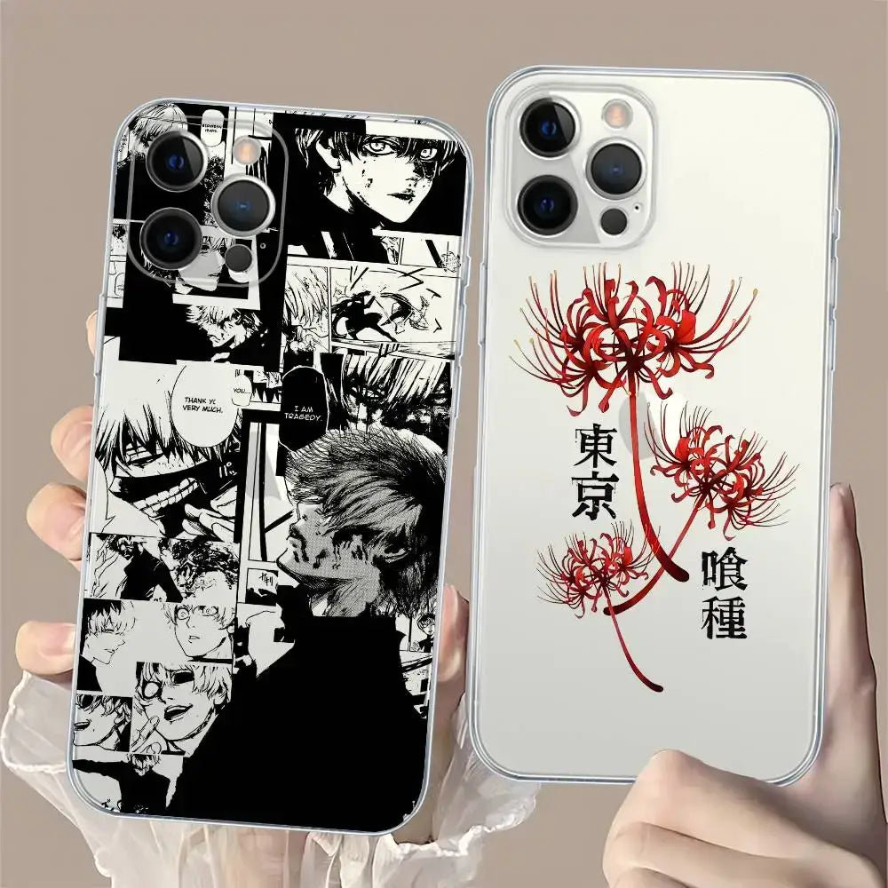Back view of two transparent tokyo ghoul kaneki ken iphone cases featuring manga collage and red spider lilies design