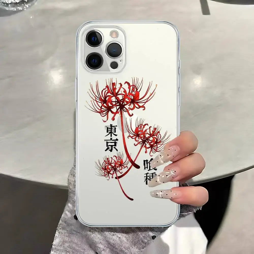 White transparent shockproof iphone case showing the back with red spider lilies and black japanese characters for tokyo ghoul kaneki ken