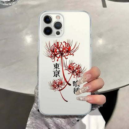 White transparent shockproof iphone case showing the back with red spider lilies and black japanese characters for tokyo ghoul kaneki ken