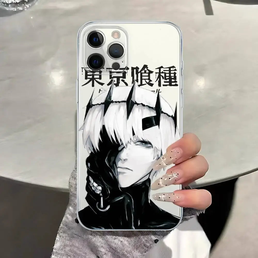 Back of a sleek transparent shockproof iphone case featuring black-and-white tokyo ghoul kaneki ken illustration with japanese text