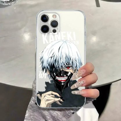Back view of a clear tokyo ghoul kaneki ken iphone case featuring white hair red eyes and black mask design