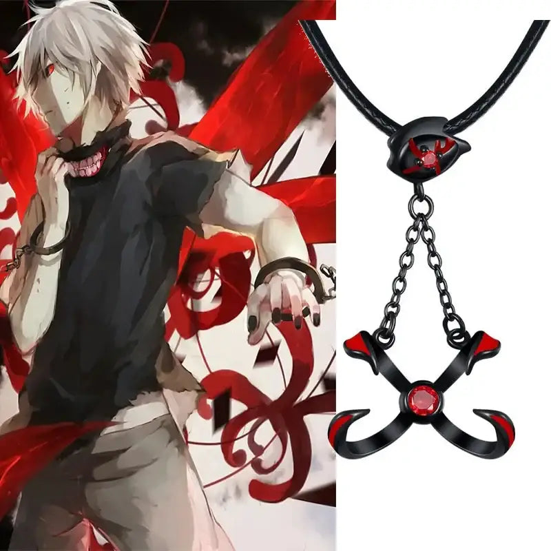 Tokyo Ghoul kaneki ken pendant necklace featuring a black and red alloy skull pendant with glowing red eyes and hooks