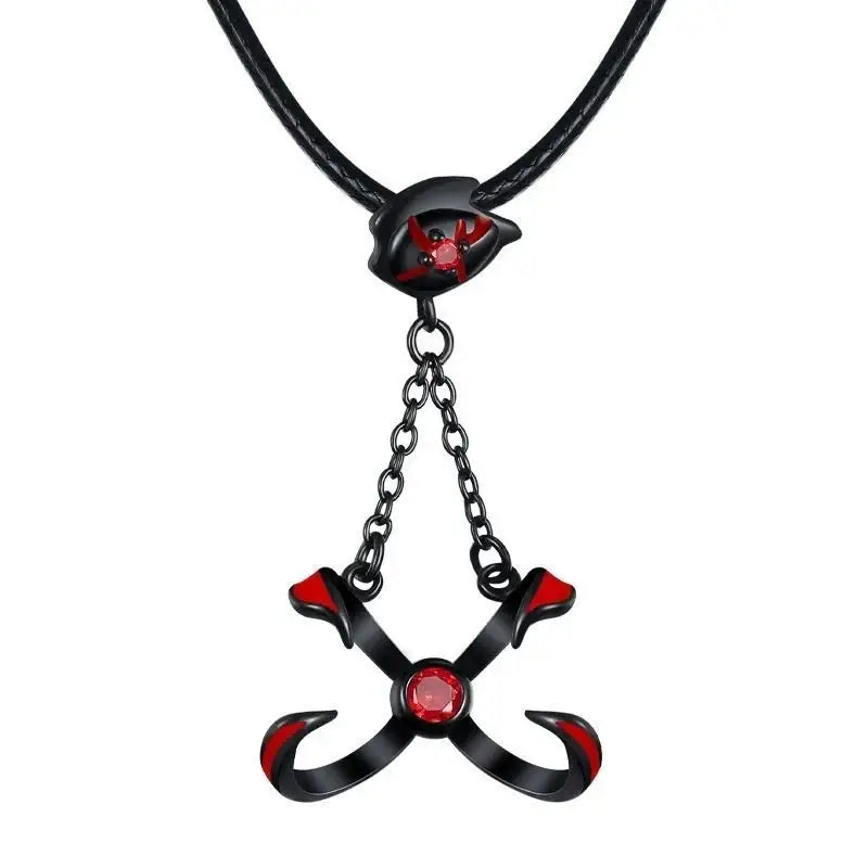 Black and red metal tokyo ghoul kaneki ken pendant necklace with cross design sharp hooks and central red gemstone alloy choker