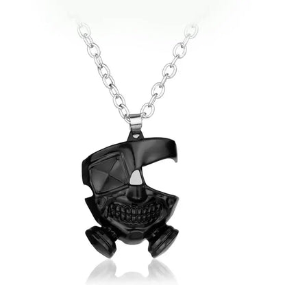 Black kaneki ken pendant necklace with tokyo ghoul gas mask design featuring silver alloy chain and detailed facial features