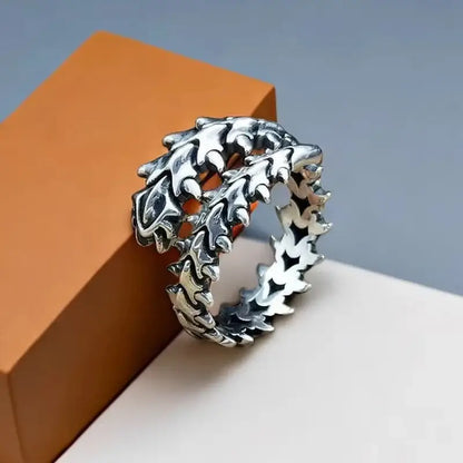 Silver leaf-patterned tokyo ghoul kaneki adjustable ring with intricate textured design in silver-tone metal