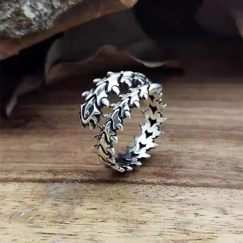 Silver leaf-patterned adjustable ring with intricate textured detailing inspired by tokyo ghoul kaneki ken