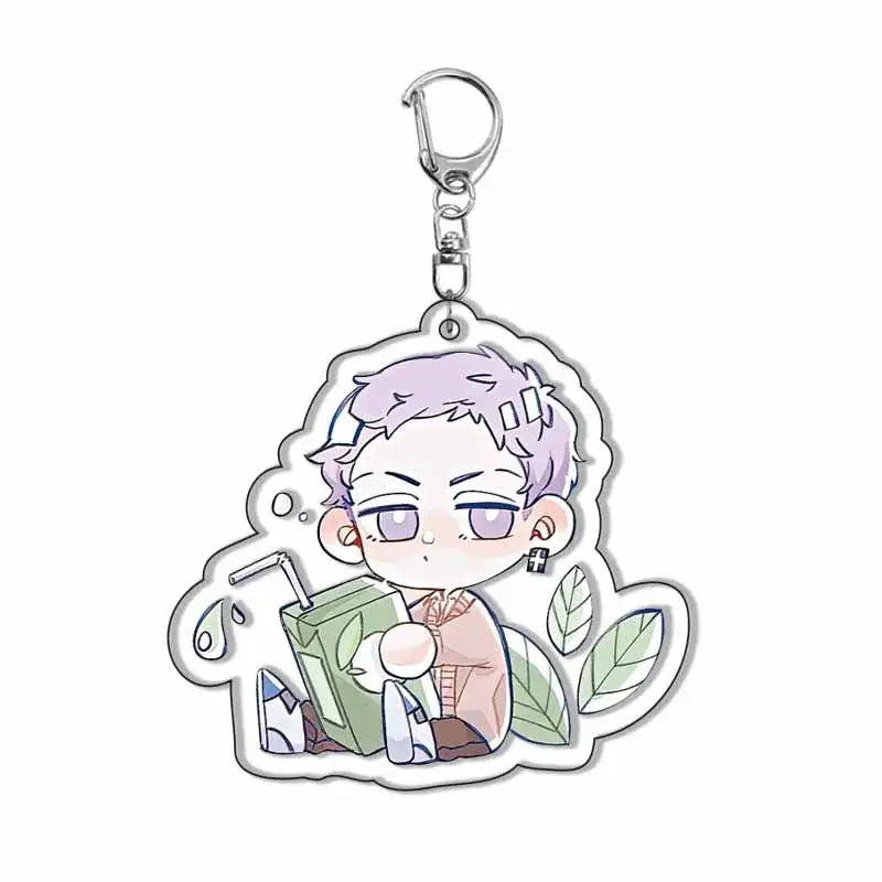 Tokyo Revengers acrylic keychain featuring a lavender-haired chibi character with green juice box and leaf motifs cute fan gift