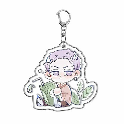 Tokyo Revengers acrylic keychain featuring a lavender-haired chibi character with green juice box and leaf motifs cute fan gift