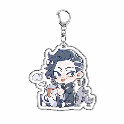 Chibi style tokyo revengers acrylic keychain with dark blue striped hair character holding mug and small birds cute fan gift
