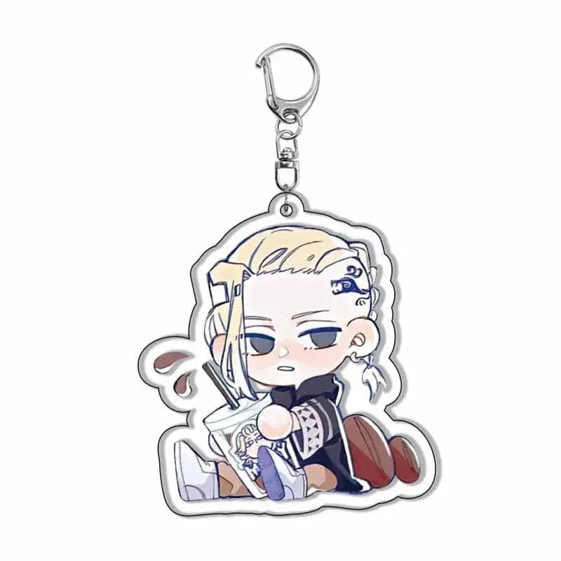 Tokyo Revengers acrylic keychain featuring a chibi blonde character with blue eyes holding a drink cup cute fan gift