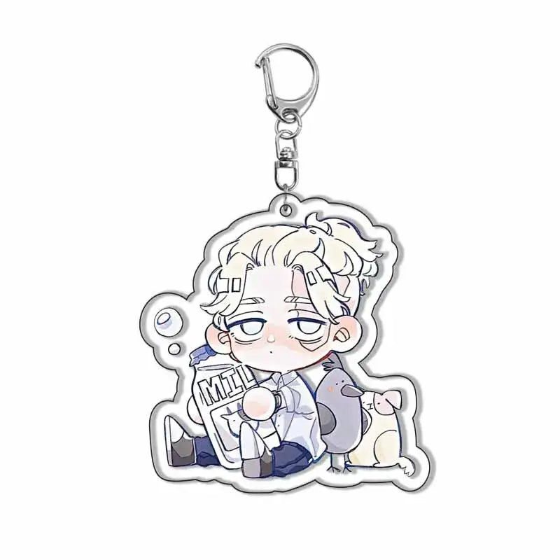 Clear acrylic tokyo revengers keychain featuring white-haired chibi character with milk bottle and two small animals cute fan gift