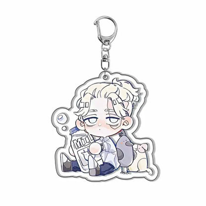 Clear acrylic tokyo revengers keychain featuring white-haired chibi character with milk bottle and two small animals cute fan gift