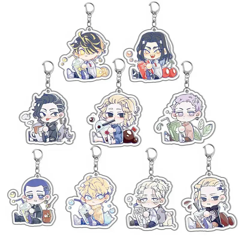 Set of nine colorful tokyo revengers acrylic keychains featuring cute chibi anime characters with metallic clasps perfect fan gift