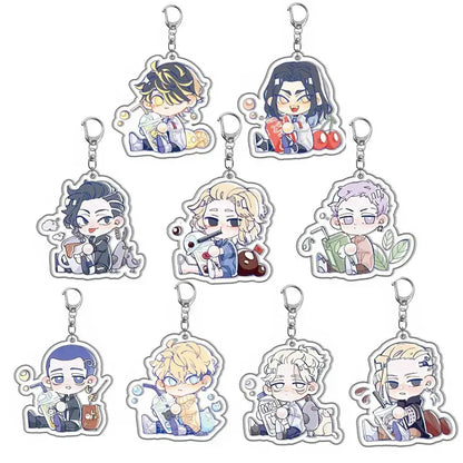 Set of nine colorful tokyo revengers acrylic keychains featuring cute chibi anime characters with metallic clasps perfect fan gift