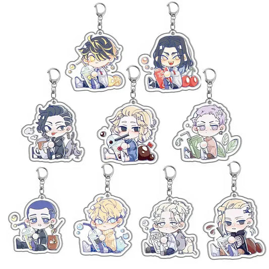 Set of nine colorful tokyo revengers acrylic keychains featuring cute chibi anime characters with metallic clasps perfect fan gift