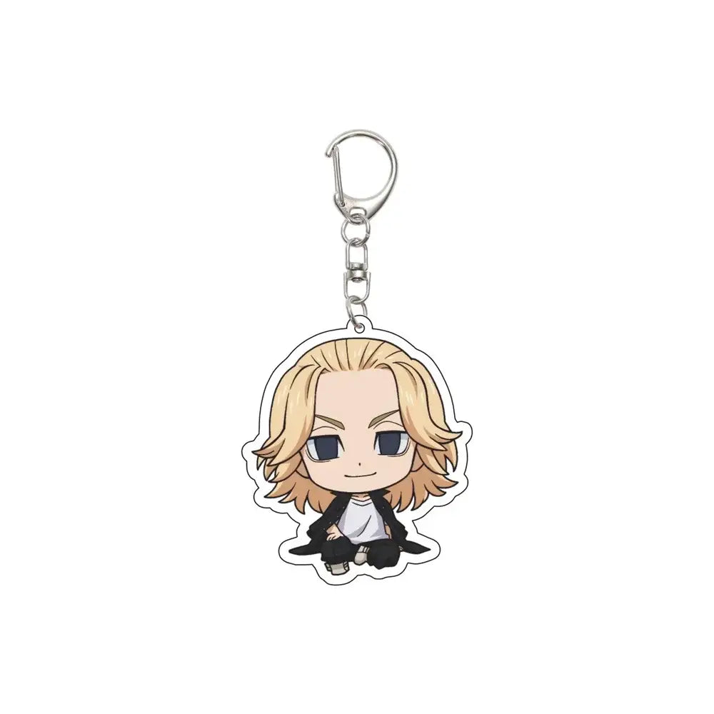 Chibi-style tokyo revengers acrylic keychain with blonde hair blue eyes wearing black coat and white shirt 6cm ornament
