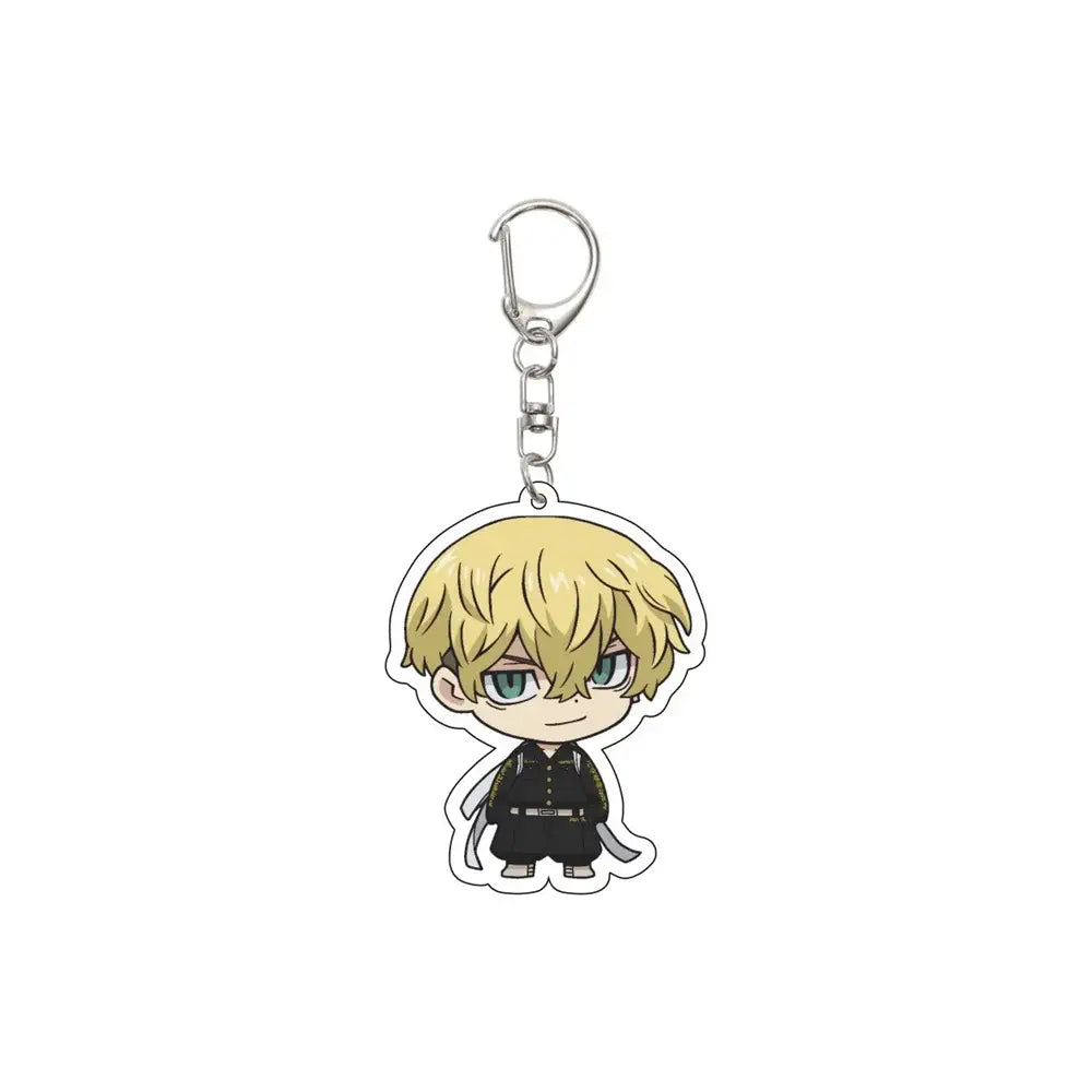 A chibi-style tokyo revengers acrylic keychain featuring a blonde character in a black uniform with silver accents and white shoes