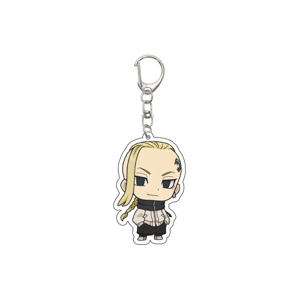 Chibi-style tokyo revengers acrylic keychain featuring a blonde character with black forehead tattoo wearing beige jacket