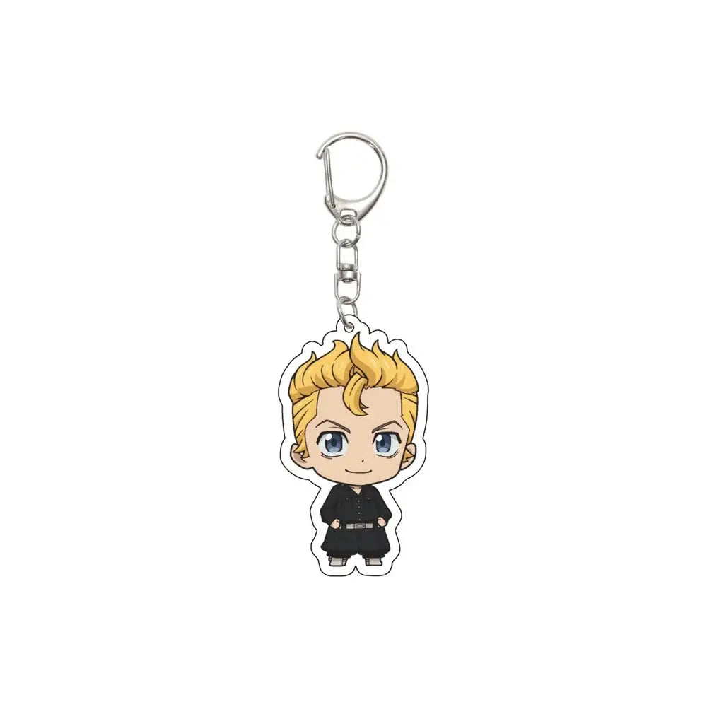 Tokyo revengers acrylic keychain featuring a chibi blonde character with blue eyes in a black outfit 6cm ornament