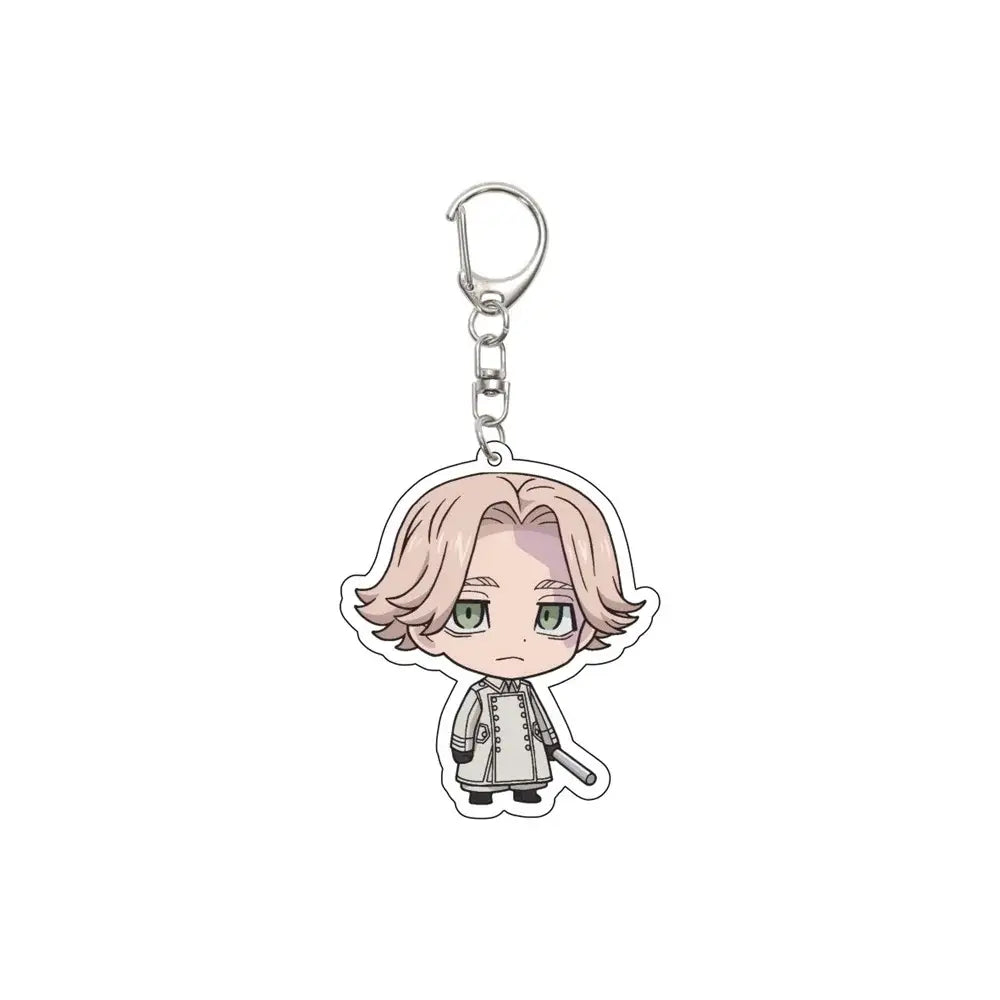 Chibi style tokyo revengers acrylic keychain with light pink hair character in white coat holding baton 6cm ornament