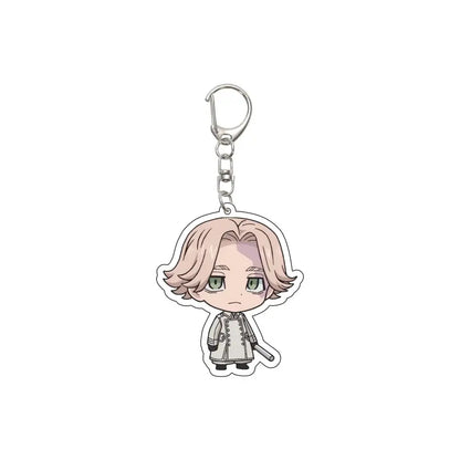 Chibi style tokyo revengers acrylic keychain with light pink hair character in white coat holding baton 6cm ornament