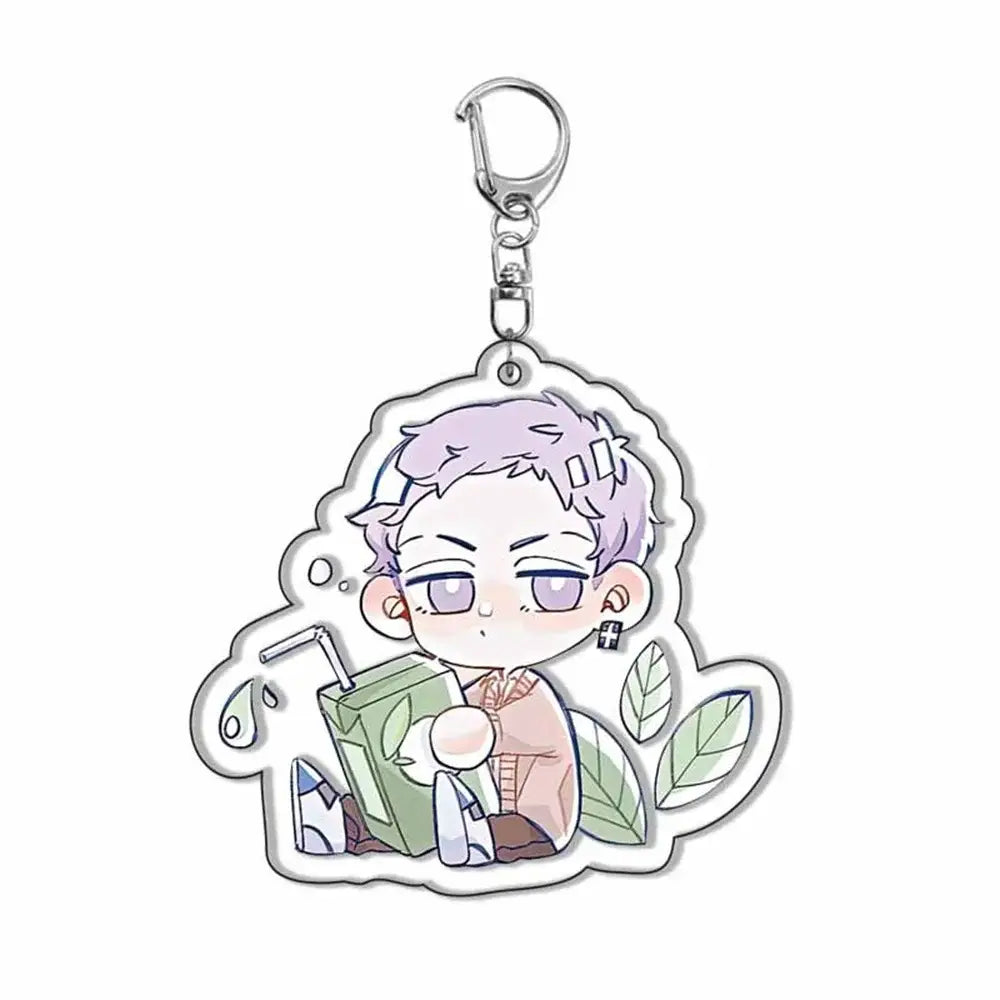 Translucent tokyo revengers acrylic keychain featuring a chibi character with lavender hair holding a green juice box