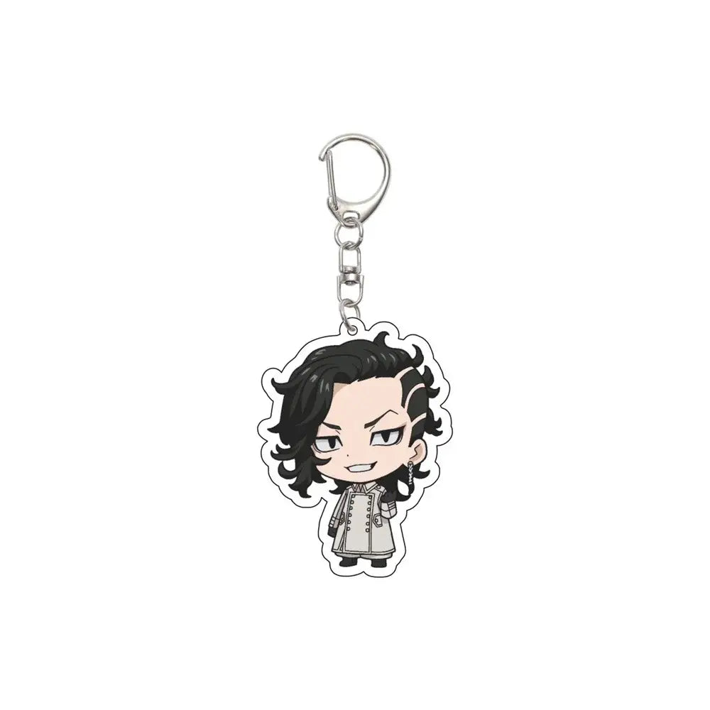 Chibi-style tokyo revengers acrylic keychain featuring a character with black wavy hair and light gray trench coat