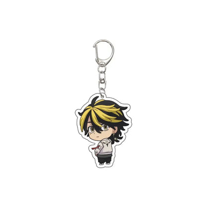 Tokyo revengers acrylic keychain featuring a chibi character with black and yellow hair in a white shirt and dark pants