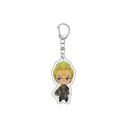 Tokyo Revengers acrylic keychain featuring a chibi character with spiky green hair and gold-rimmed glasses in dark outfit