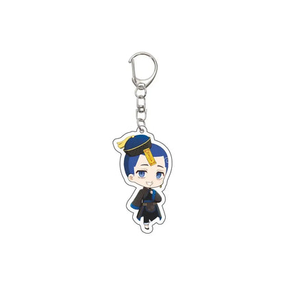 Tokyo Revengers acrylic keychain featuring a blue-haired anime character in black uniform with gold-trimmed hat and metal clasp