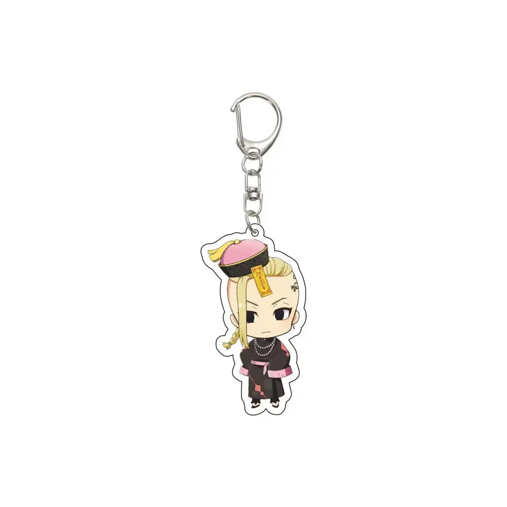 Chibi-style tokyo revengers acrylic keychain featuring a blonde character in black and pink traditional attire with silver clasp
