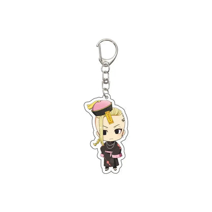 Chibi-style tokyo revengers acrylic keychain featuring a blonde character in black and pink traditional attire with silver clasp