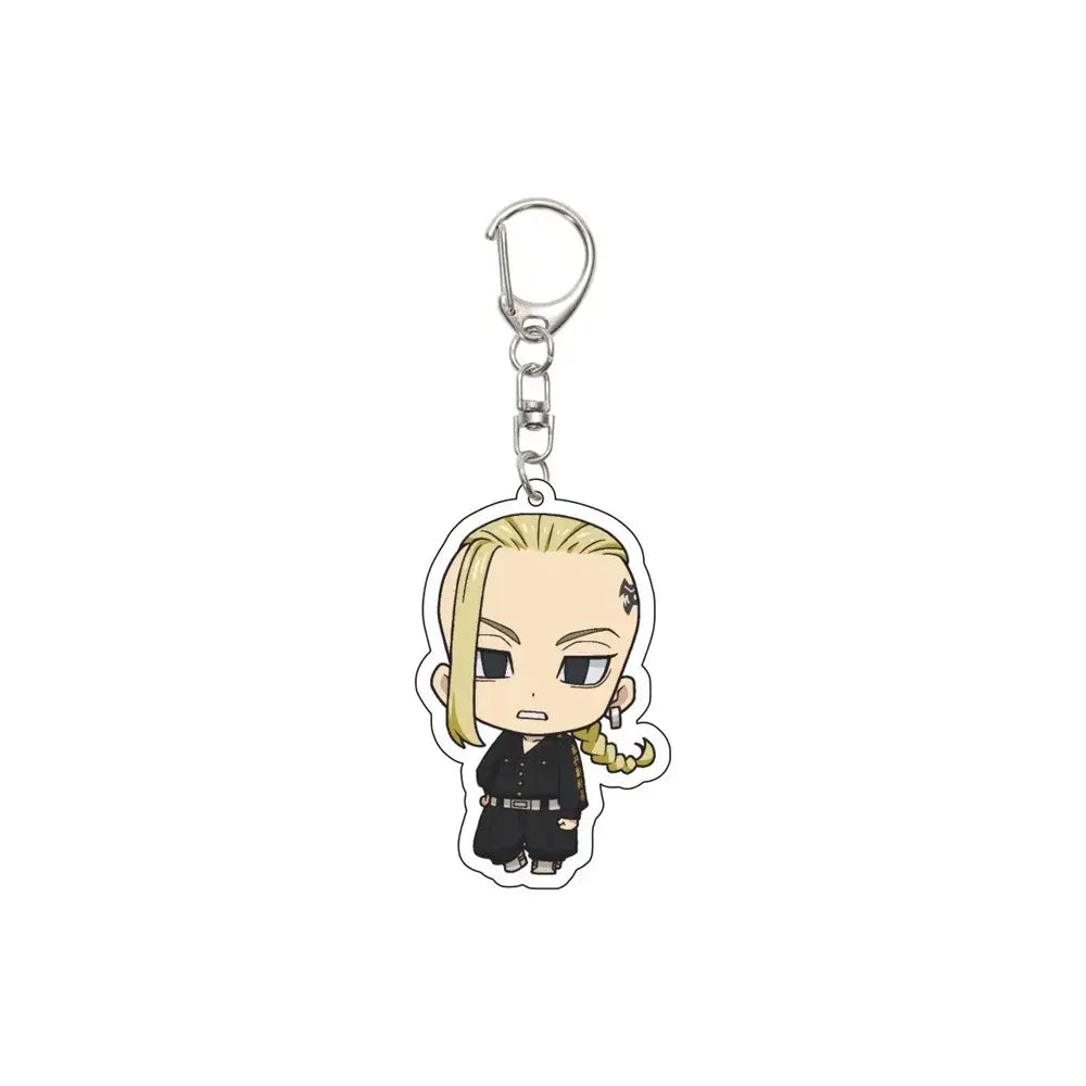 Chibi-style tokyo revengers acrylic keychain featuring blonde character in black uniform with braided hair and ear piercing