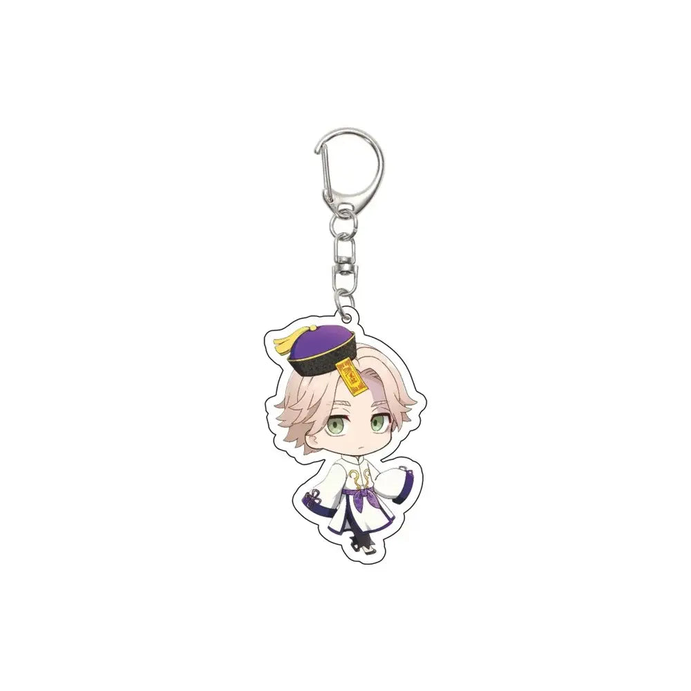 Tokyo Revengers acrylic keychain featuring a chibi character with light pink hair, green eyes, and a purple hat
