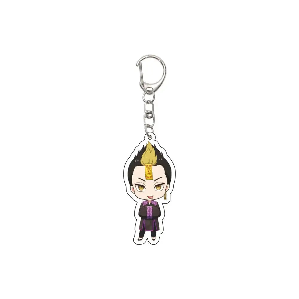 Chibi tokyo revengers acrylic keychain featuring a character with spiky black hair and golden flame tufts in purple robe
