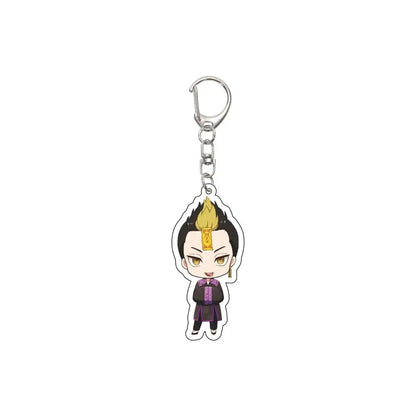 Chibi tokyo revengers acrylic keychain featuring a character with spiky black hair and golden flame tufts in purple robe