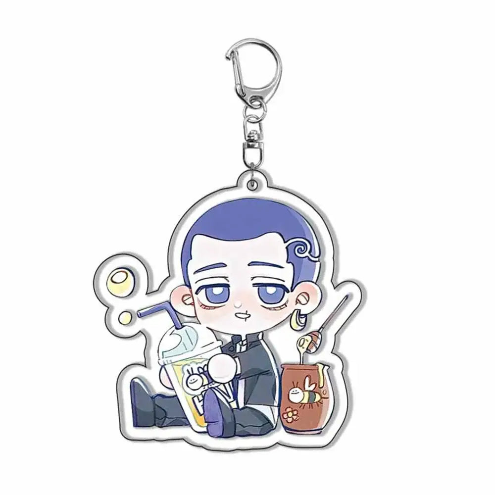 Tokyo revengers acrylic keychain featuring a chibi character with purple hair in a black suit holding a drink and honey jar