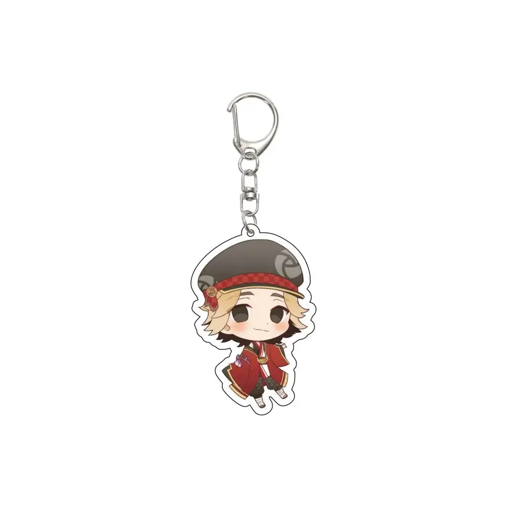 Chibi-style tokyo revengers acrylic keychain featuring a blonde character in a dark gray hat and red traditional outfit