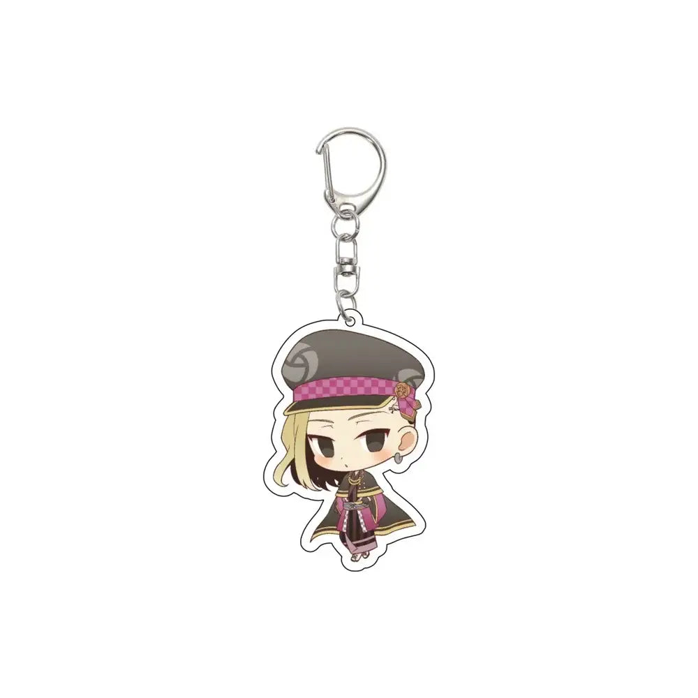 Chibi-style tokyo revengers acrylic keychain featuring a blonde character with a dark gray hat and pink checkered trim
