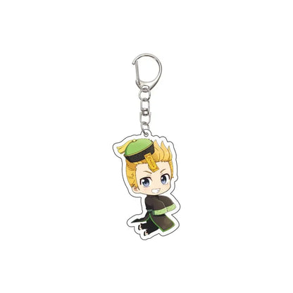 Chibi-style tokyo revengers acrylic keychain with blonde character in green and black attire and matching cap 6cm ornament