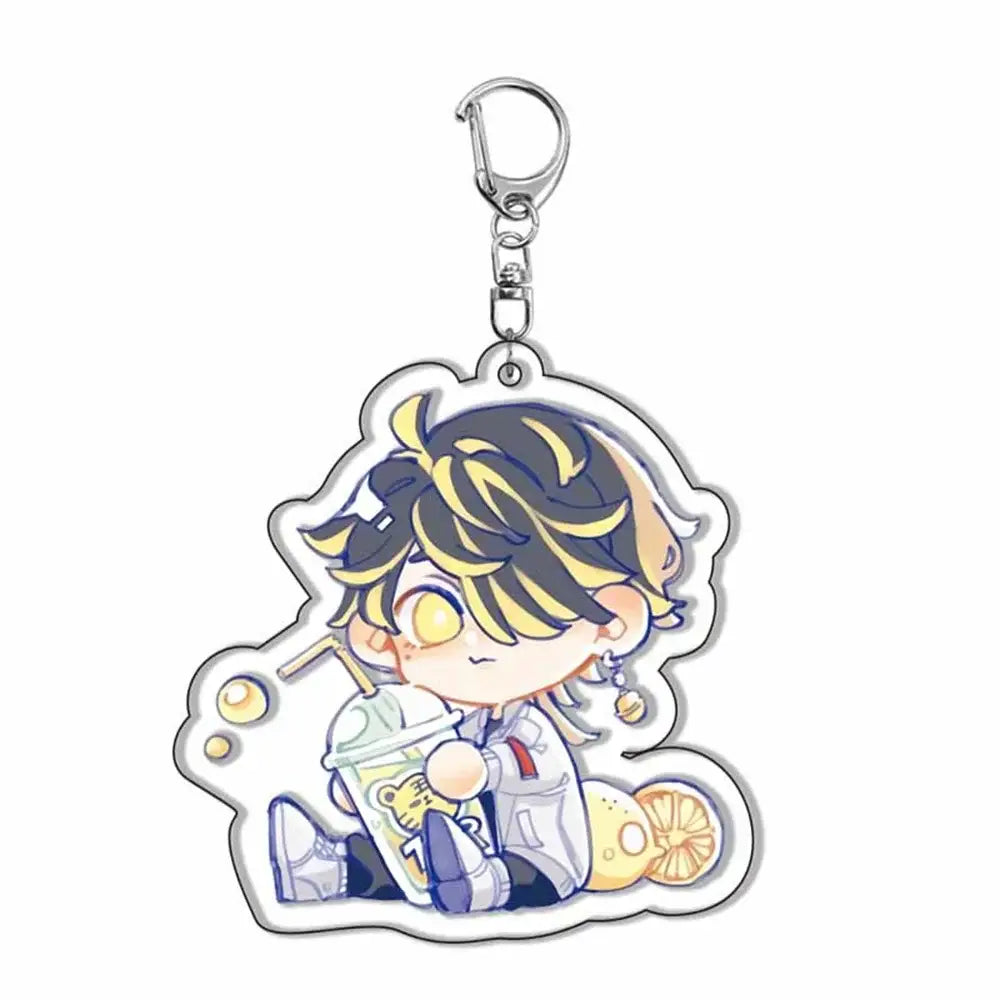Tokyo Revengers acrylic keychain featuring a chibi character with black and yellow hair in a white lab coat holding a drink