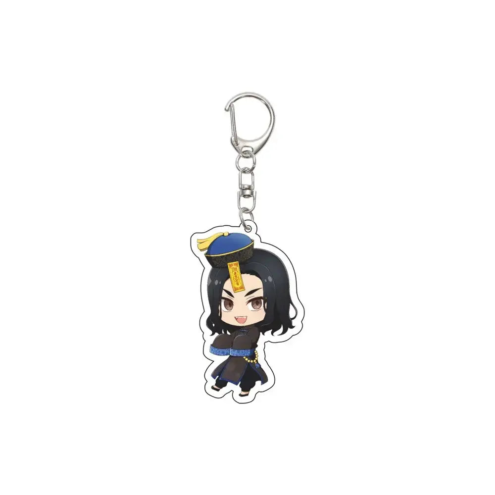 Chibi black-haired figure in dark blue and gold attire attached to silver clip tokyo revengers acrylic keychain 6cm
