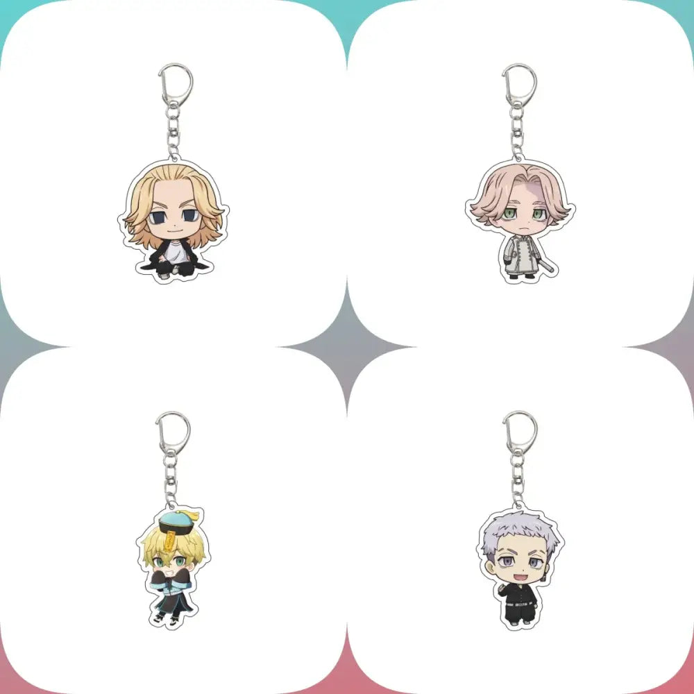 Four chibi-style tokyo revengers acrylic keychains featuring colorful hair and outfits 6cm size ornament