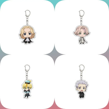Four chibi-style tokyo revengers acrylic keychains featuring colorful hair and outfits 6cm size ornament