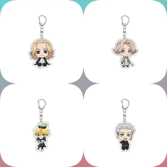 Four chibi-style tokyo revengers acrylic keychains featuring colorful hair and outfits 6cm size ornament