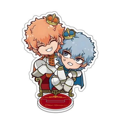 Chibi-style tokyo revengers acrylic stand featuring orange and blue haired characters in medieval outfits 10cm desk decor