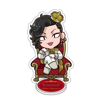 Chibi-style tokyo revengers acrylic stand featuring a character in white and gold military attire on a red throne