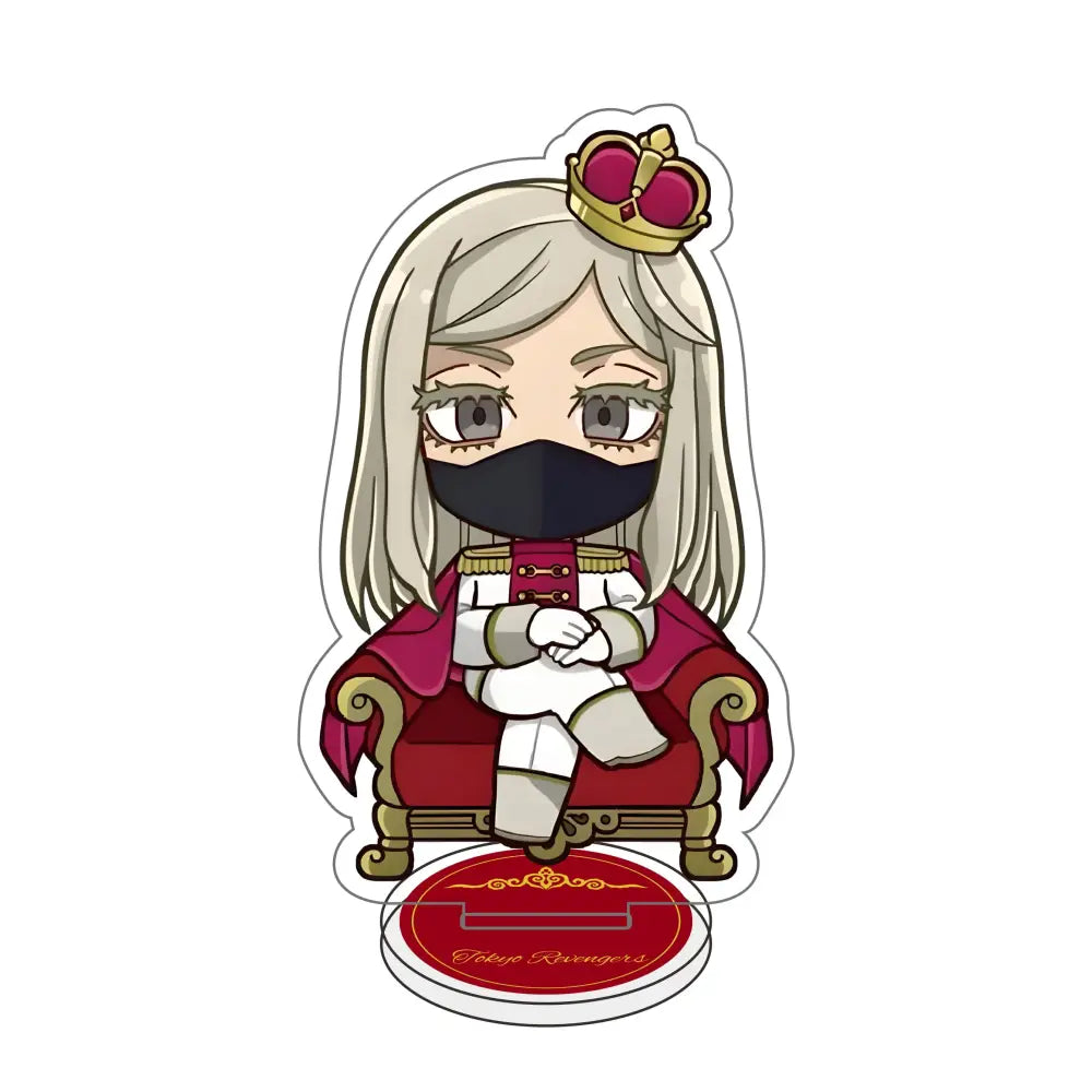 Chibi-style tokyo revengers acrylic stand featuring a silver-haired character with black mask seated in a red and gold chair