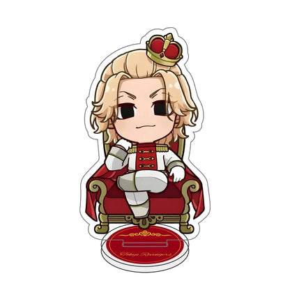 Chibi-style tokyo revengers acrylic stand featuring a blonde-haired character in regal attire on a red and gold throne