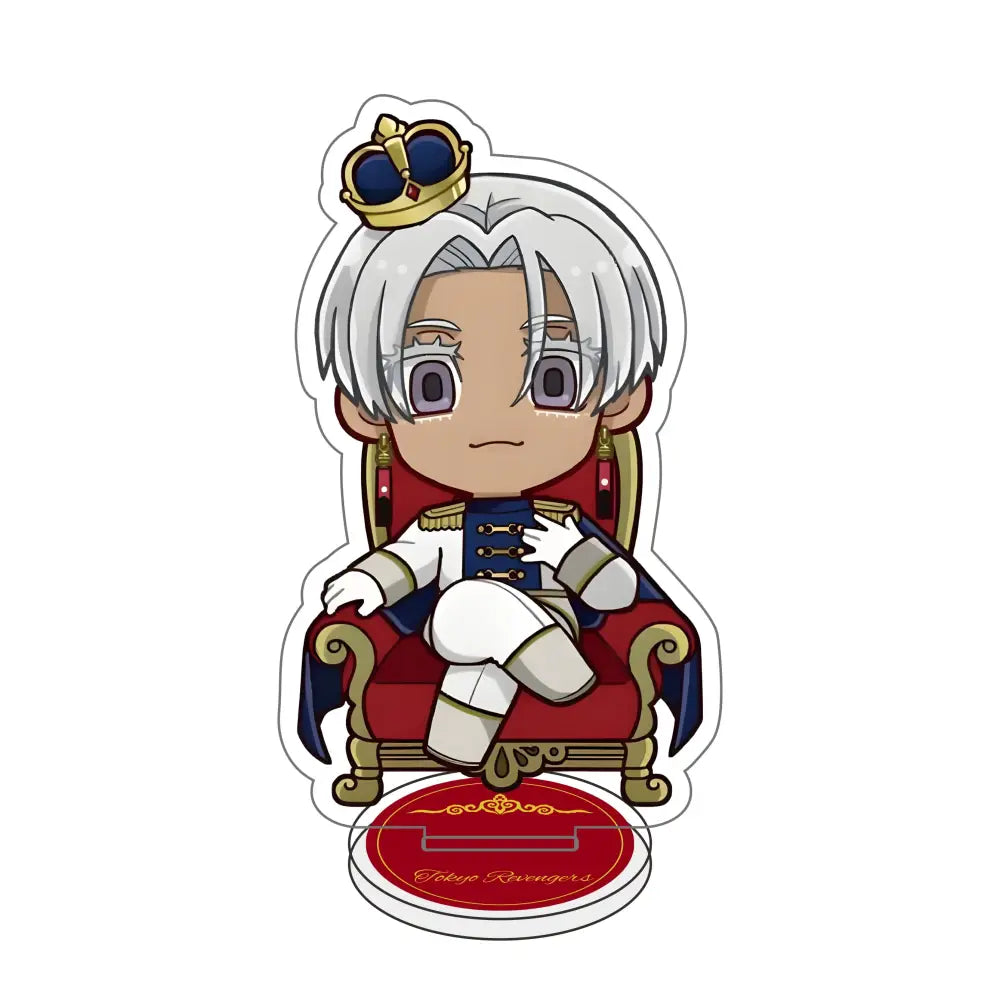 Chibi-style tokyo revengers acrylic stand featuring silver-haired character with gold crown on red throne desk decor